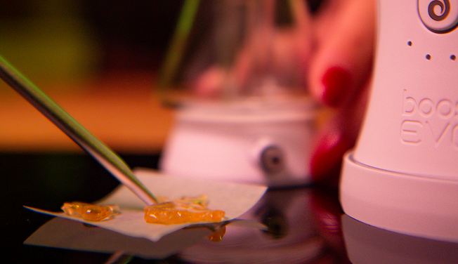 Amber-colored dabs are on a small, square piece of parchment paper, next to a white Boost Evo by Dr.Dabber.